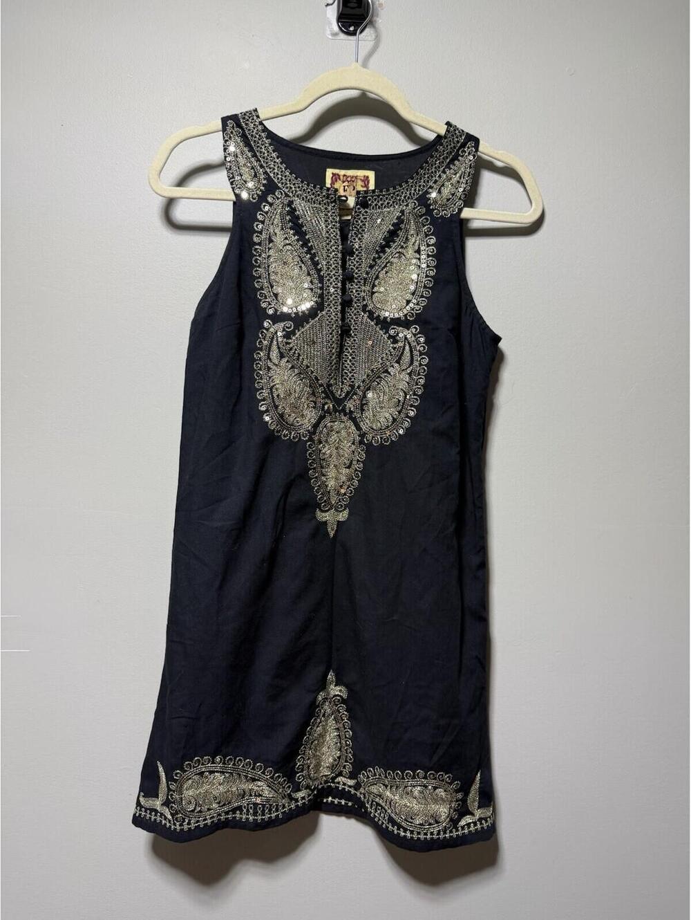 Free People Embroidered Sequin Mini Dress  Black Gold Boho 6